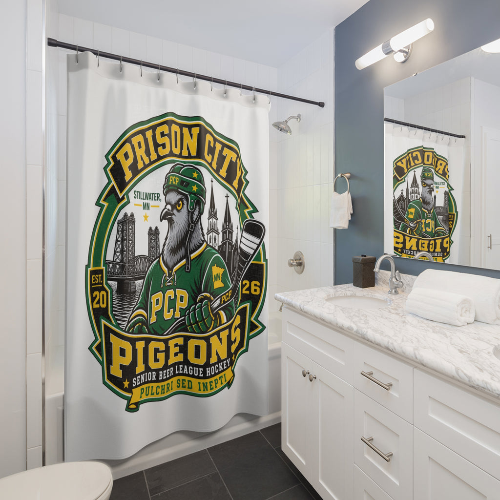 Prison City Pigeons Hockey Shower Curtain — Retro Sports Team Bathroom Decor