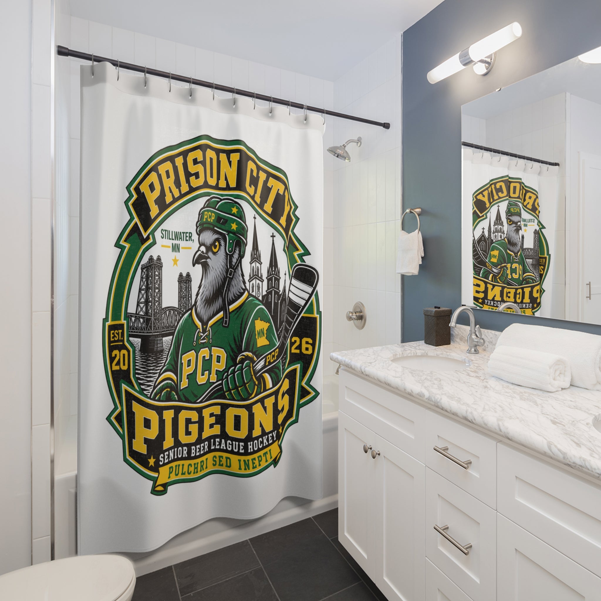 Prison City Pigeons Hockey Shower Curtain — Retro Sports Team Bathroom Decor