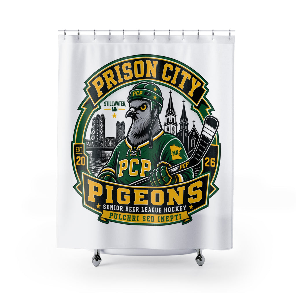 Prison City Pigeons Hockey Shower Curtain — Retro Sports Team Bathroom Decor