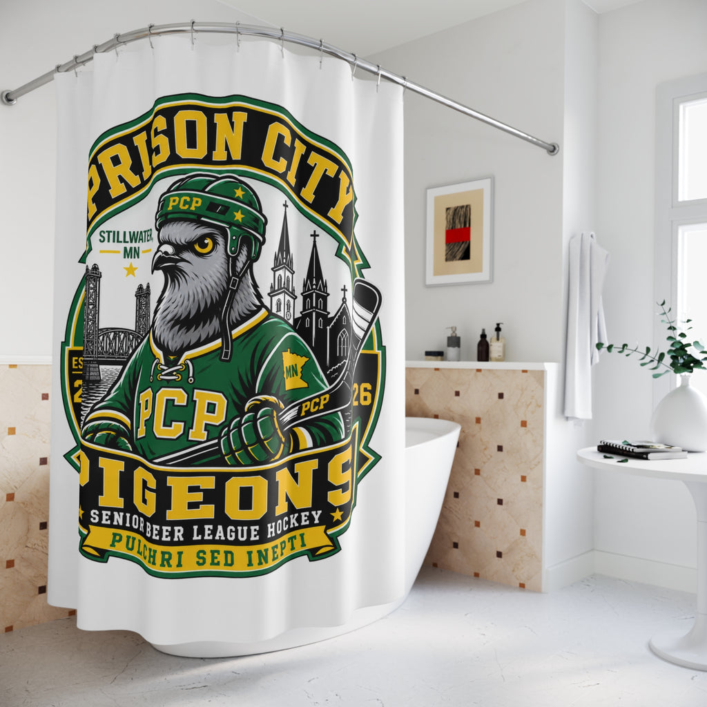 Prison City Pigeons Hockey Shower Curtain — Retro Sports Team Bathroom Decor
