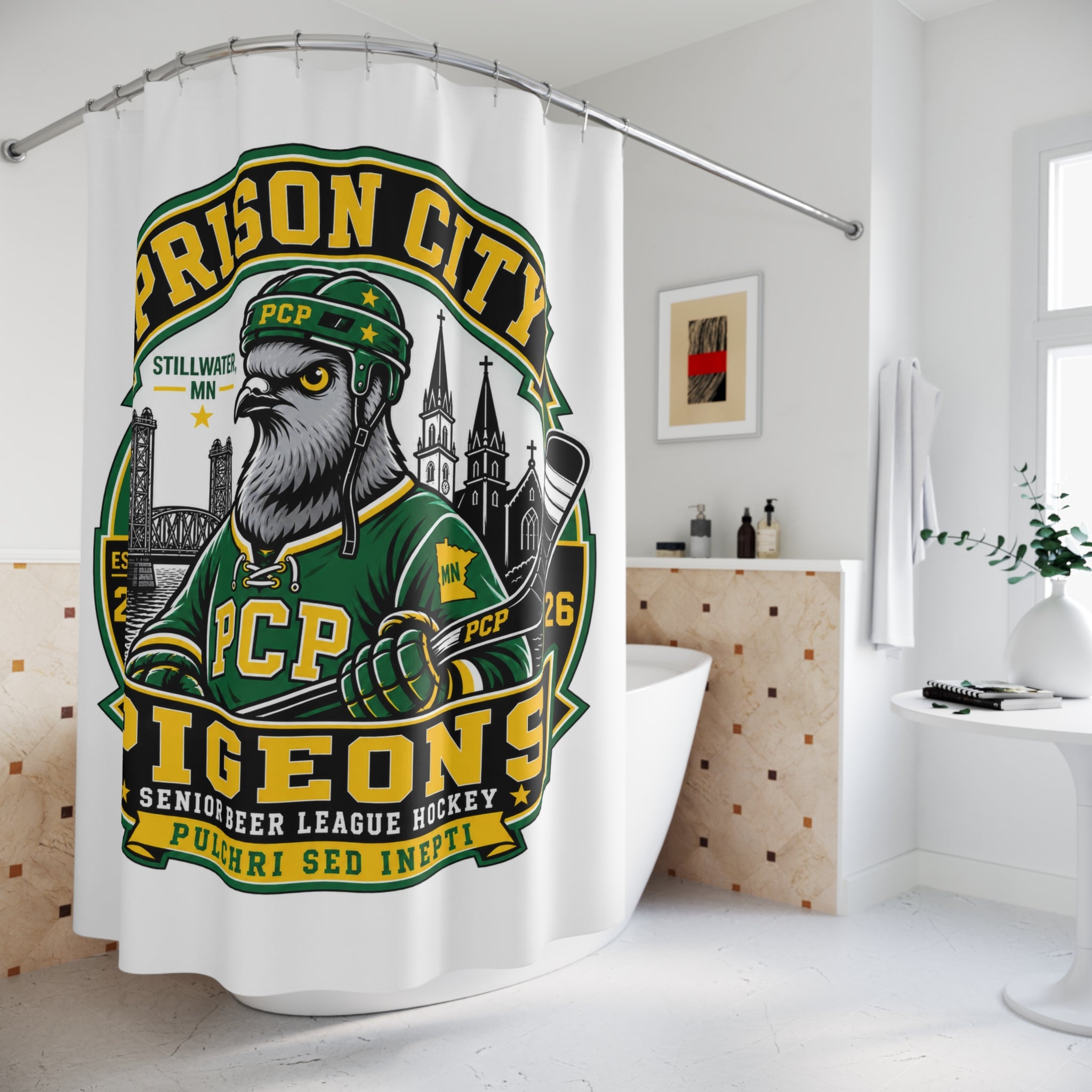 Prison City Pigeons Hockey Shower Curtain — Retro Sports Team Bathroom Decor