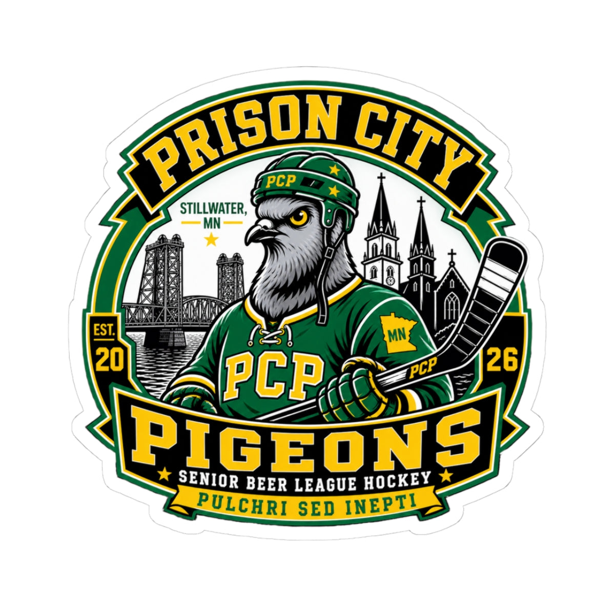 Prison City Pigeons Hockey Team Crest Die-Cut Sticker