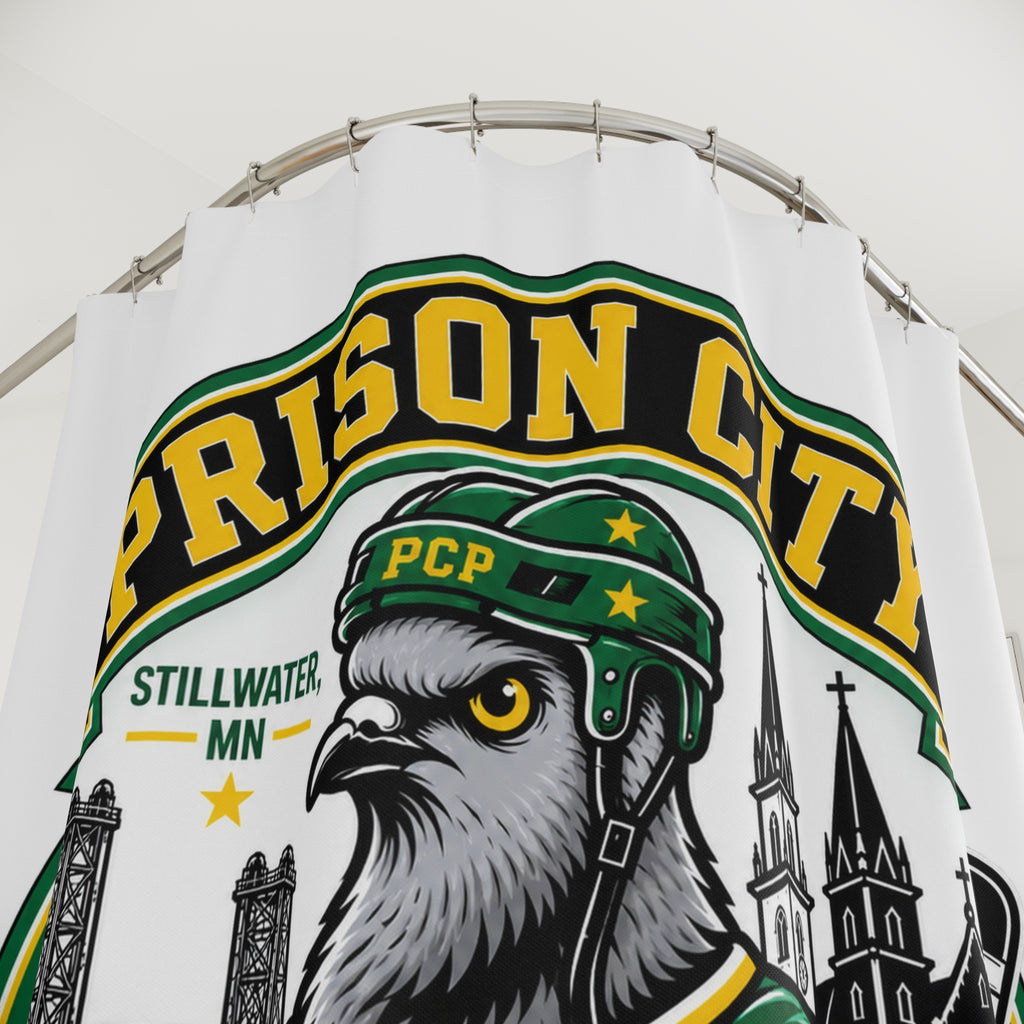 Prison City Pigeons Hockey Shower Curtain — Retro Sports Team Bathroom Decor