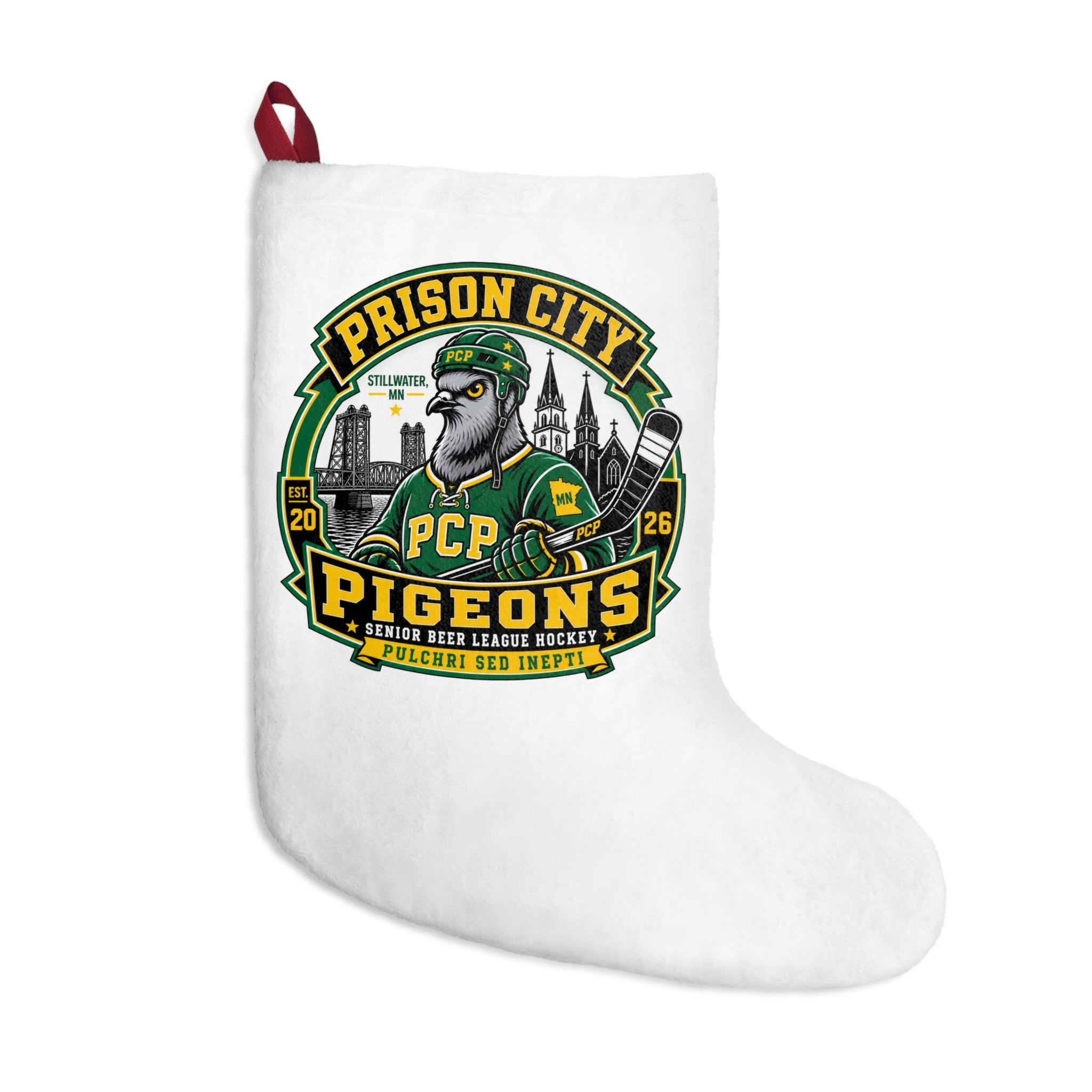 Pigeon Hockey Christmas Stocking – Prison City Pigeons Team Logo